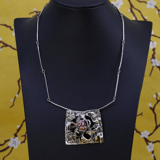 16", Sterling silver brutalism necklace, 925 bar chain oval agate pendant