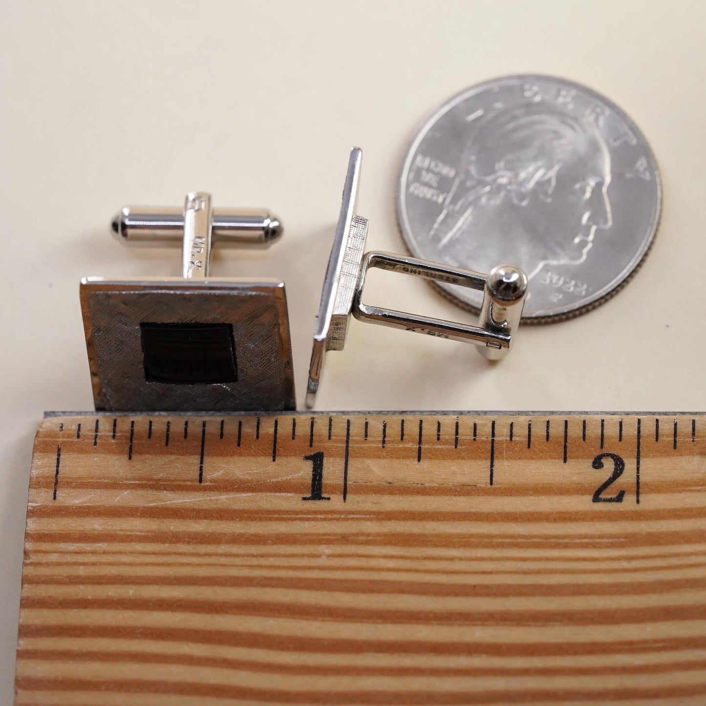 Vintage MR X sterling silver onyx cuff links, square textured 925 cufflinks