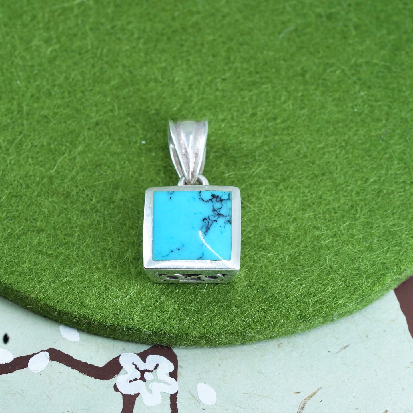 Native American Sterling silver handmade pendant, 925 square charm turquoise