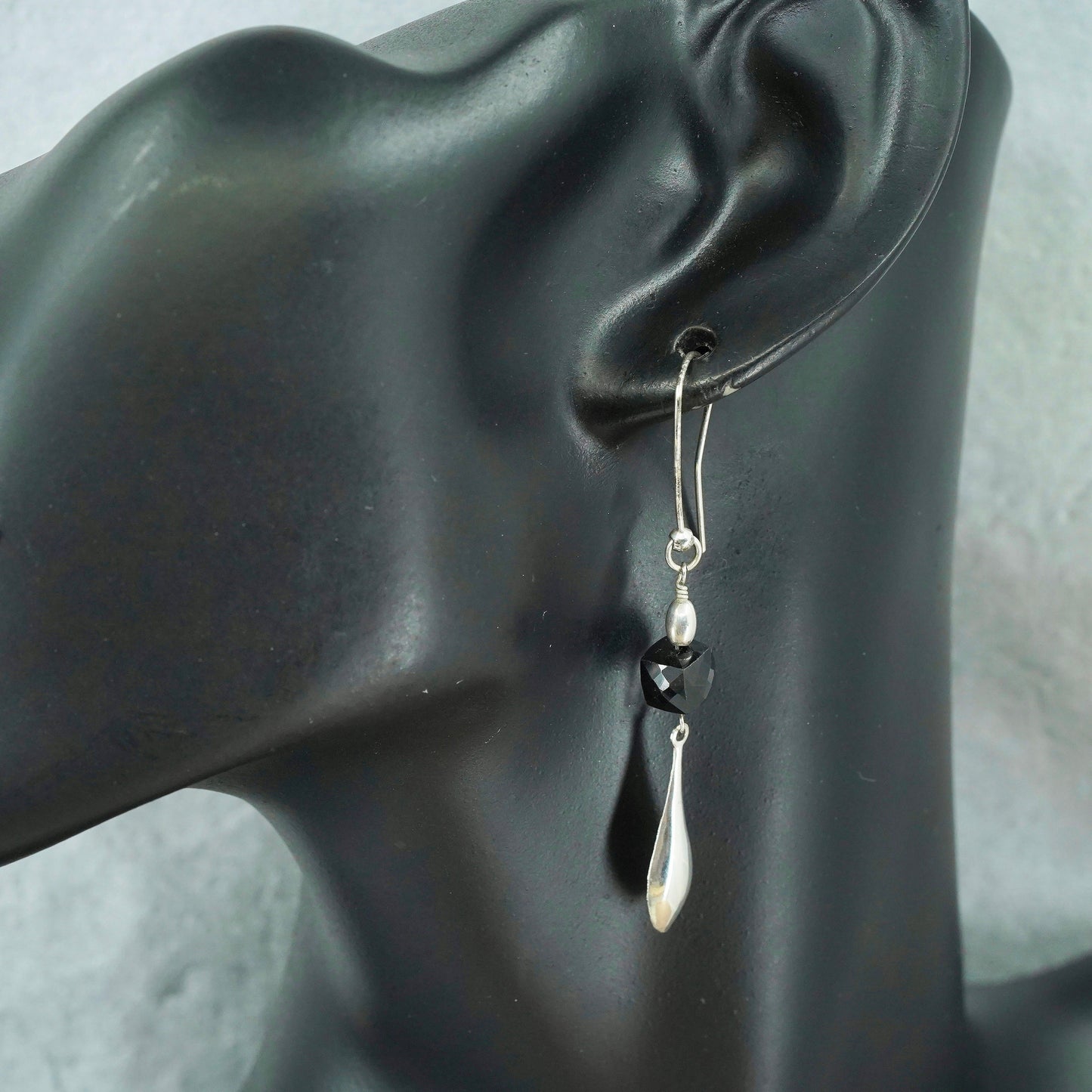 Vintage Sterling 925 silver handmade rectangular earrings with obsidian
