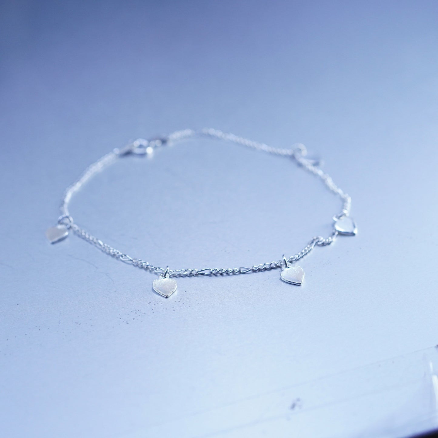 9” 2mm, vintage Sterling 925 silver figaro bracelet anklet with heart charms
