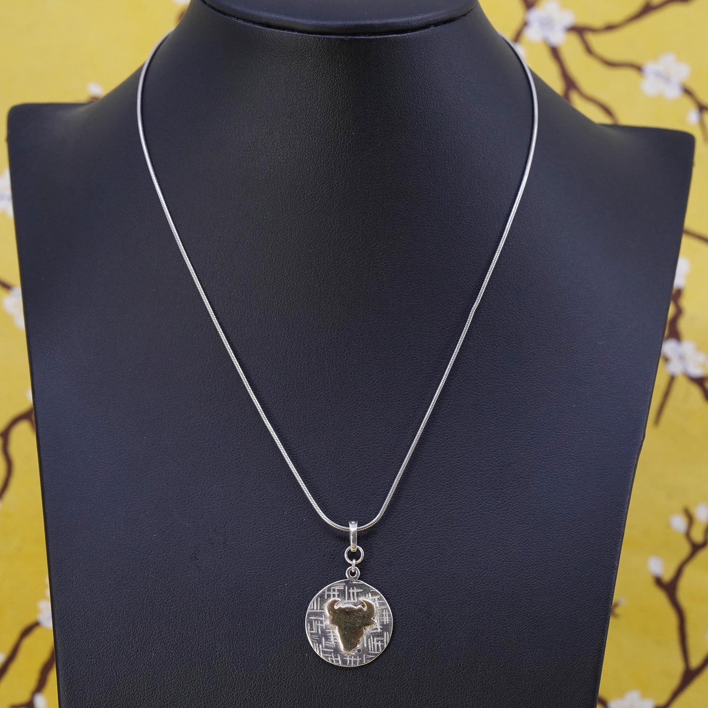 16", vintage two tone sterling 925 Silver snake chain necklace with ox pendant