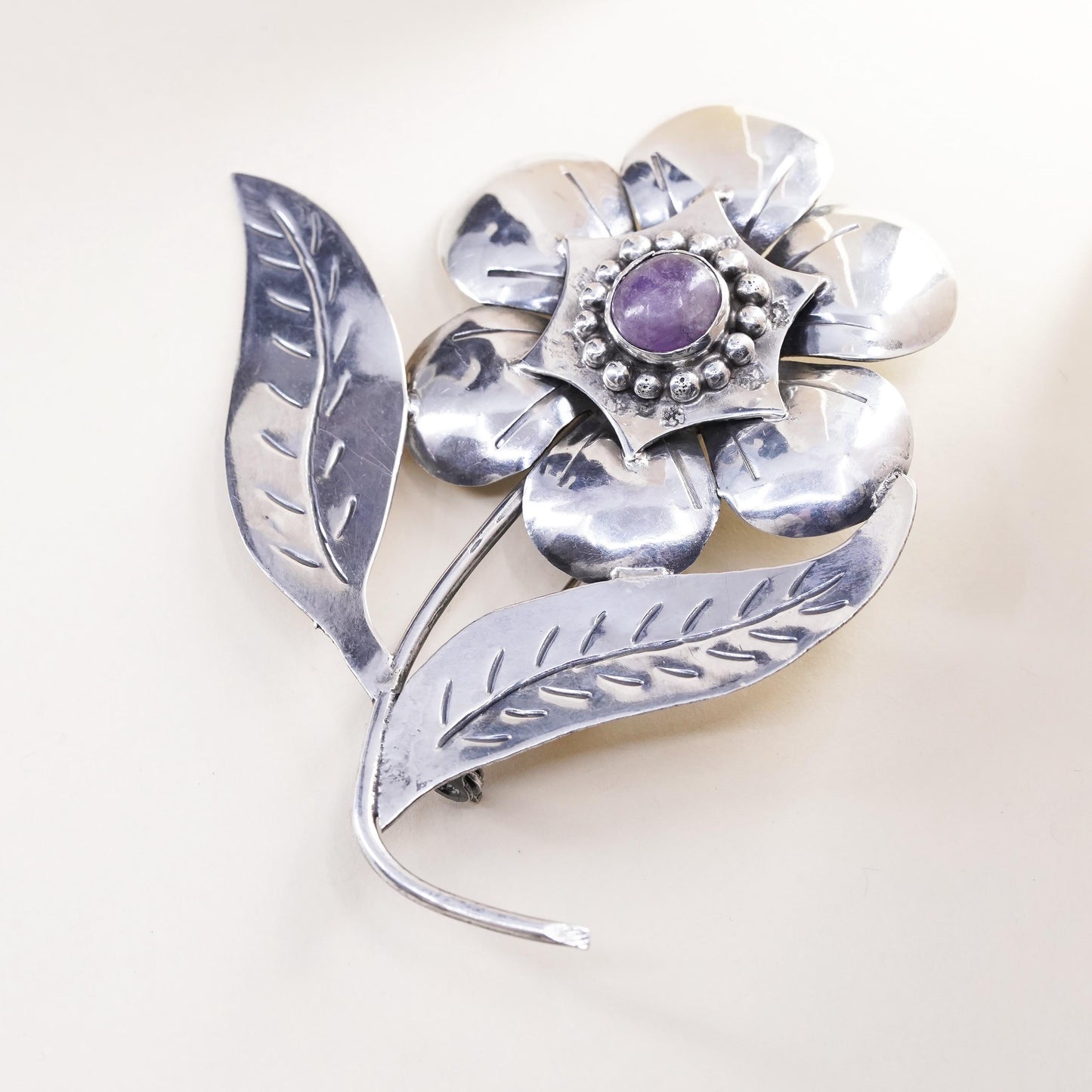 Vintage sterling silver handmade brooch, huge 925 flower pin with amethyst