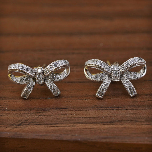 Vintage Sterling silver cluster clear crystal ribbon bow tie studs, cz earrings