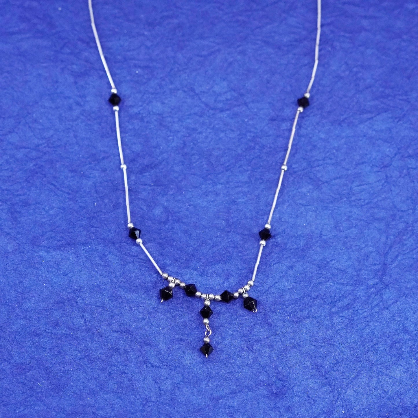 16”, Native American Navajo Sterling 925 liquid silver chain w/ obsidian beads