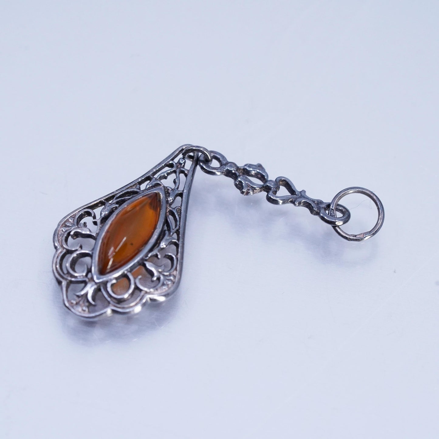 Vintage sterling 925 silver handmade filigree pendant with amber