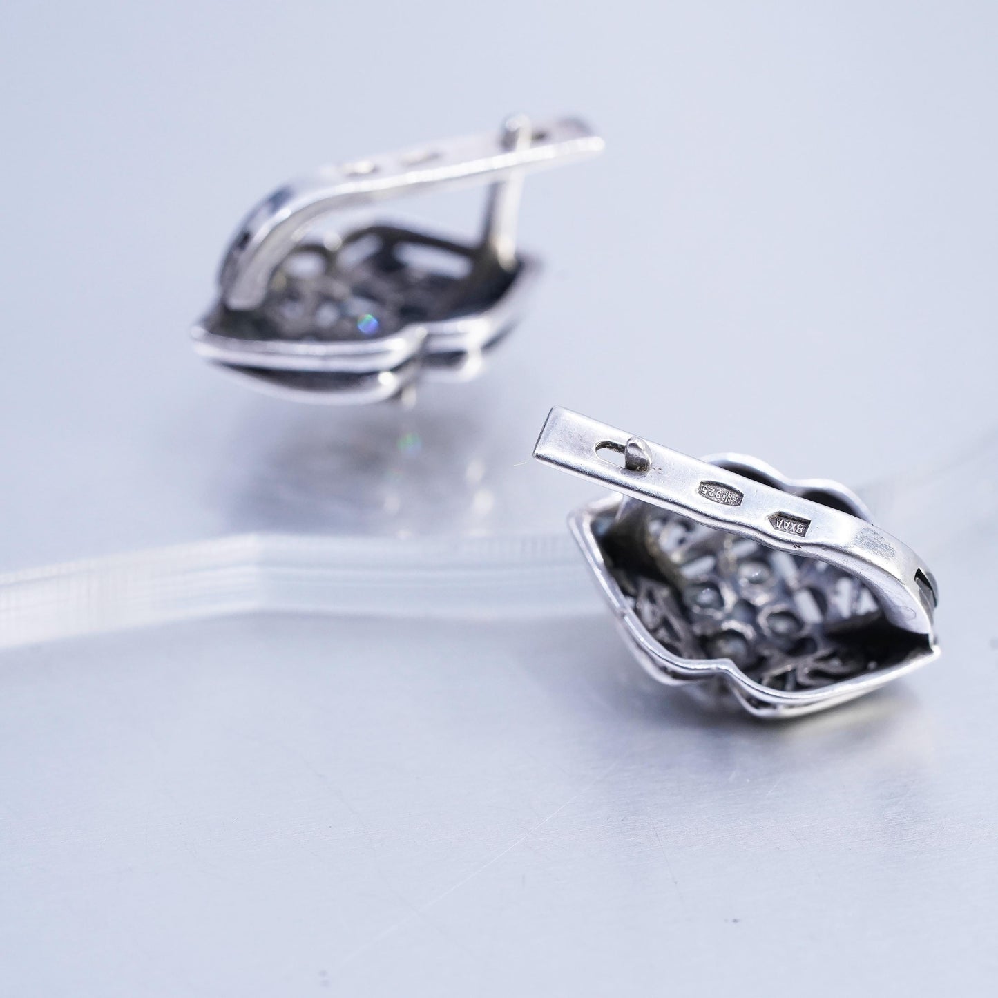 Vintage European Sterling 925 silver filigree earrings, studs with cz