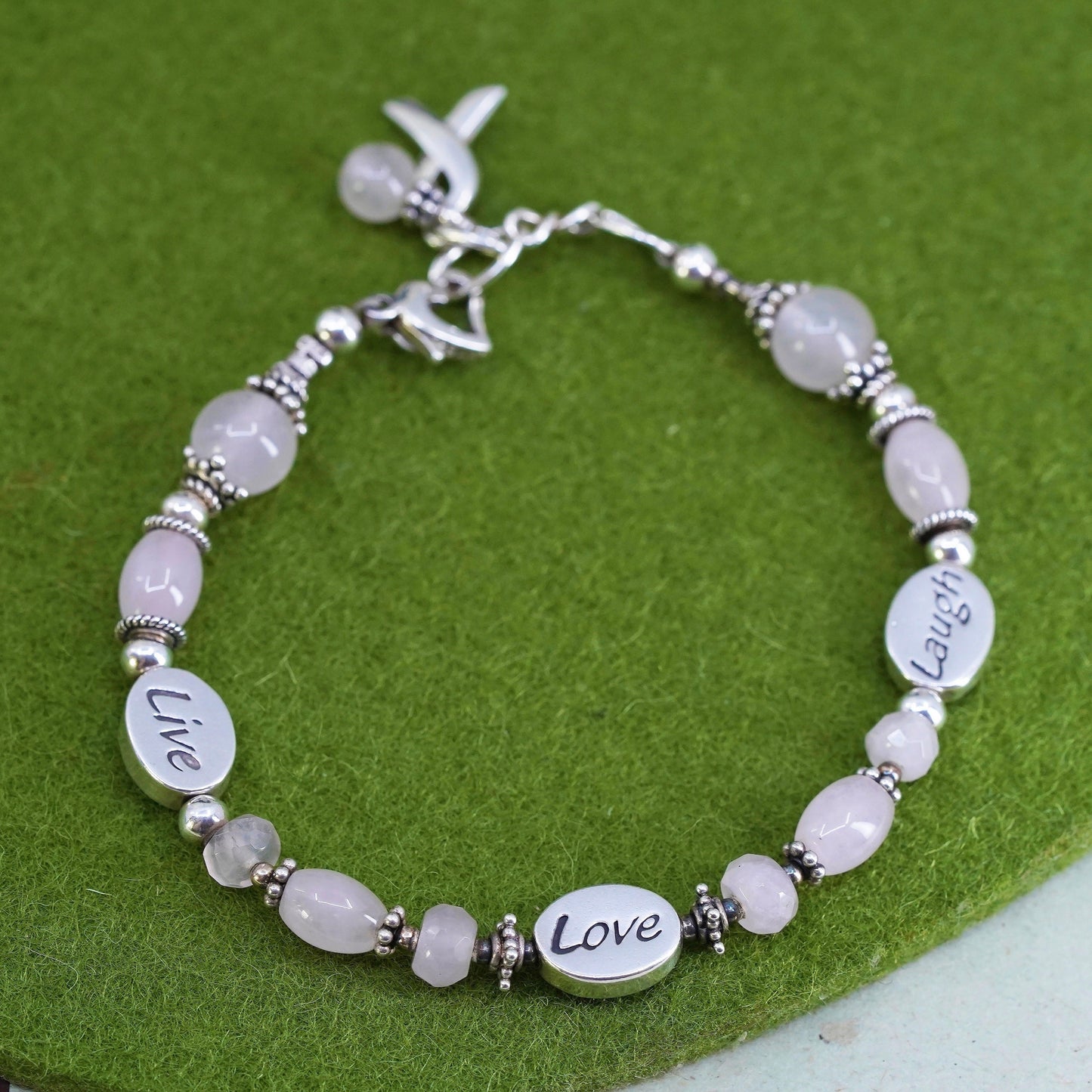 7.25", Sterling 925 silver breath cancer survivor bracelet “live love laugh”