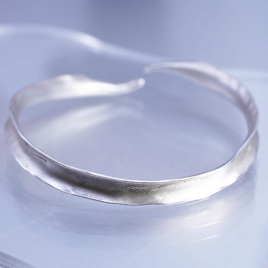 7.5", Vintage Sterling Silver Leaf Engraved Cuff Bracelet Matte 925 Open Bangle