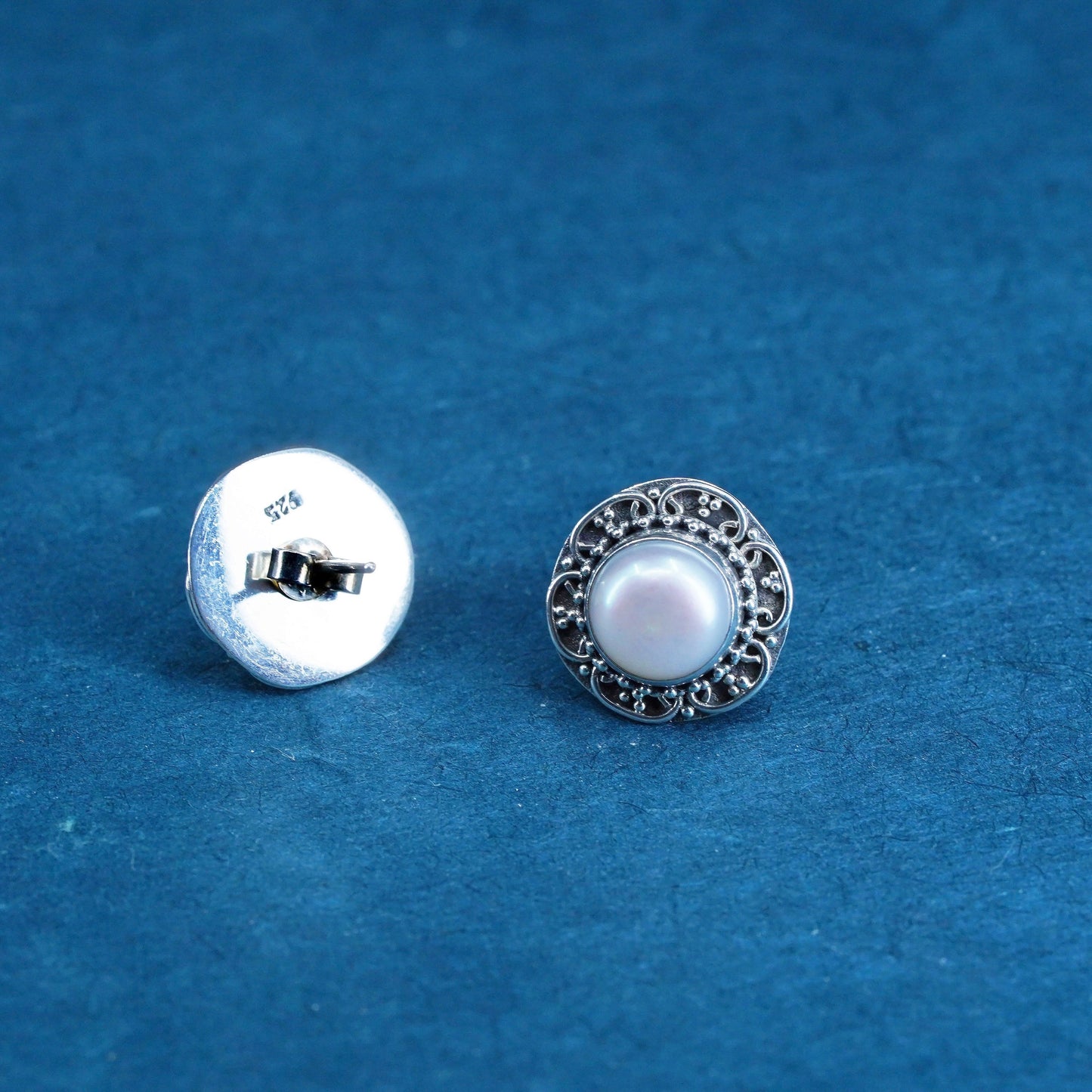 Sterling 925 silver Bali earrings with freshwater pearl studs, handmade jewelry