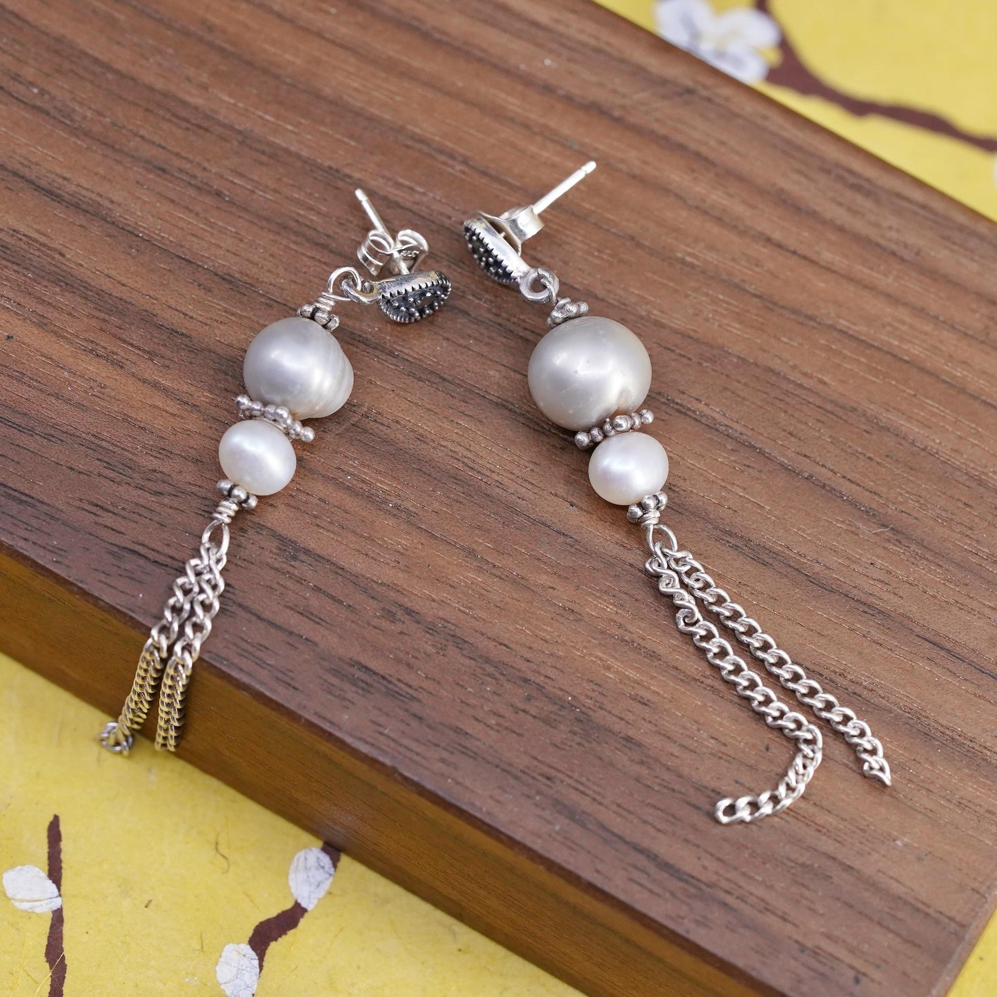 Sterling 925 silver long earrings, freshwater pearl beads marcasites chain