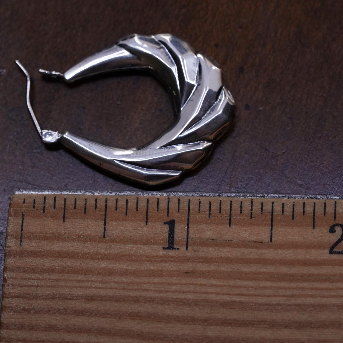 1", Vintage sterling silver loop single earring, fashion ribbed primitive hoop