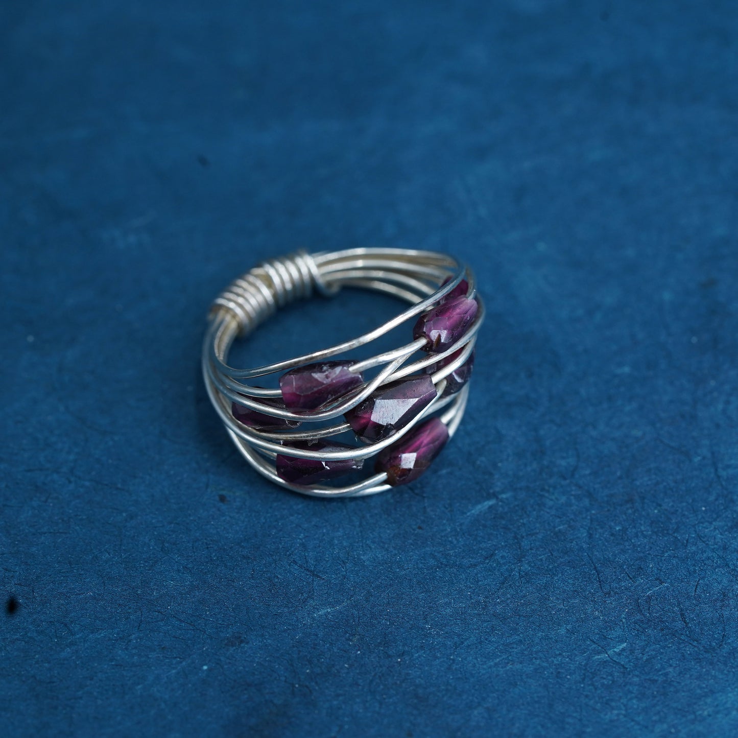Size 5.5, vintage sterling silver handmade ring, 925 wired ring with ruby beads