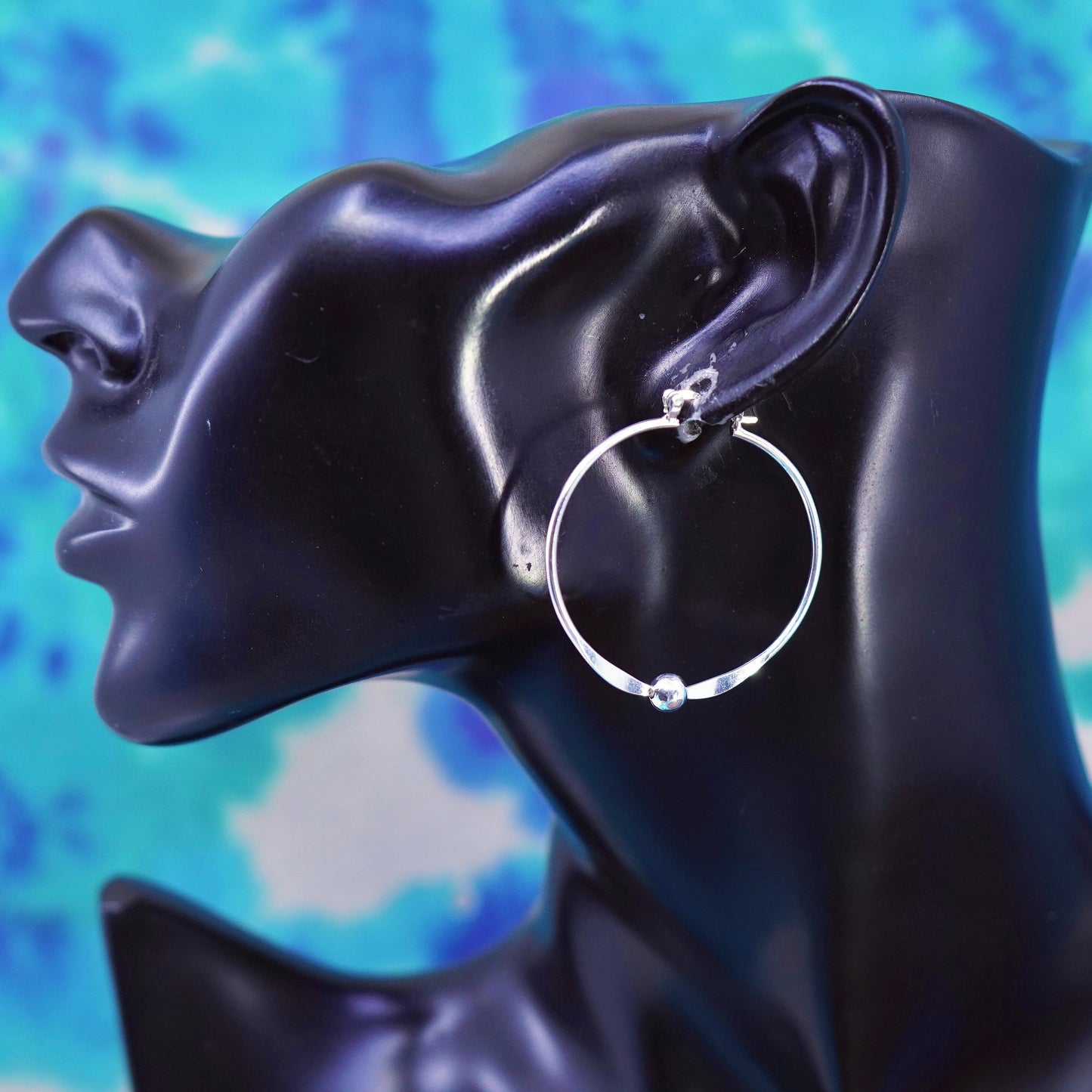 1.5”, vintage Sterling silver handmade hoop earrings, 925 huggie with bead