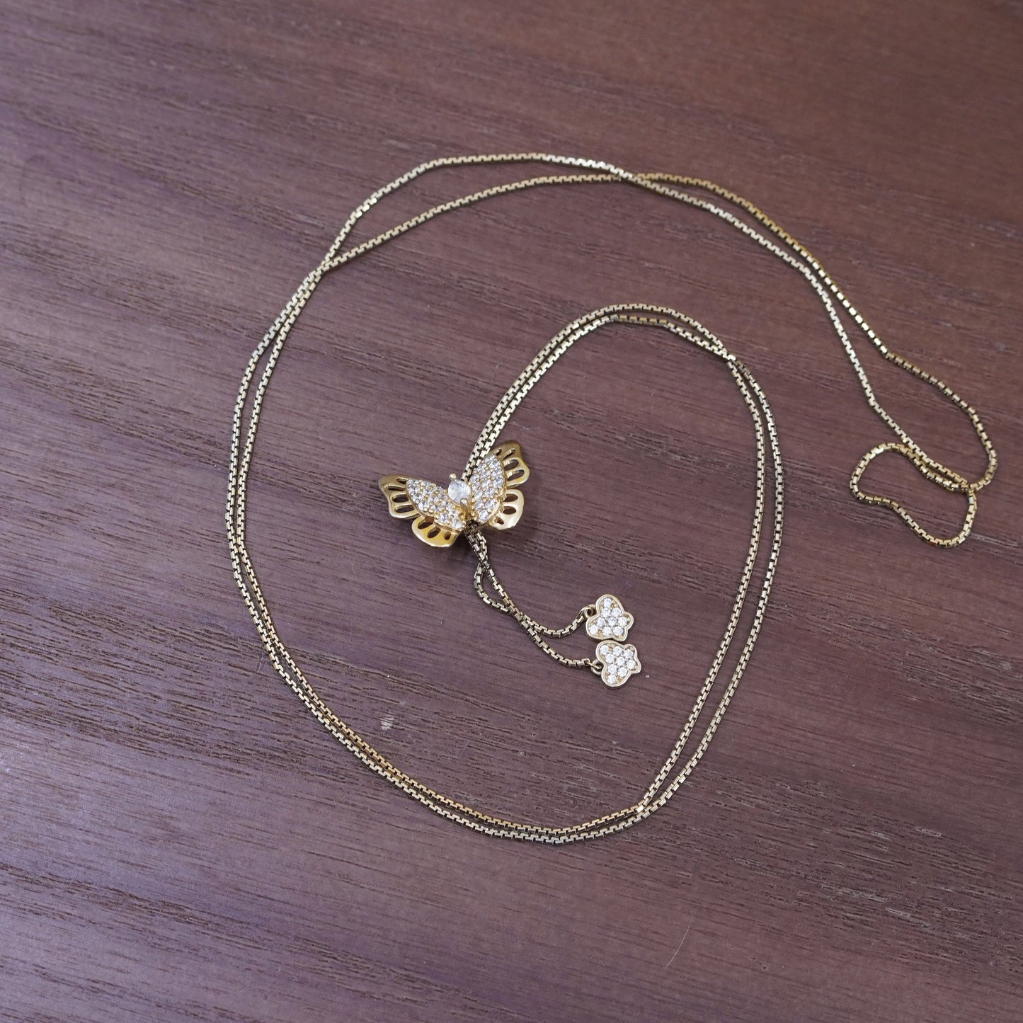 28” vermeil gold over Sterling silver necklace, 925 box chain butterfly pendant