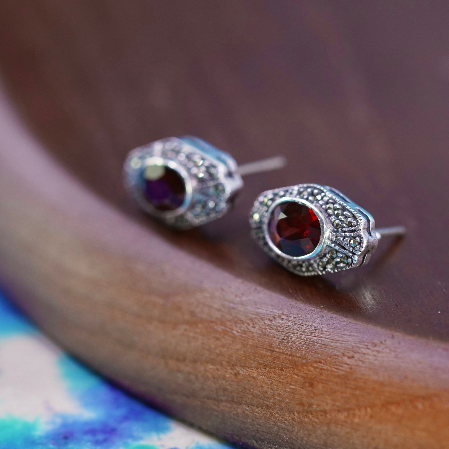Judith jack sterling silver handmade earrings, 925 studs with ruby marcasite