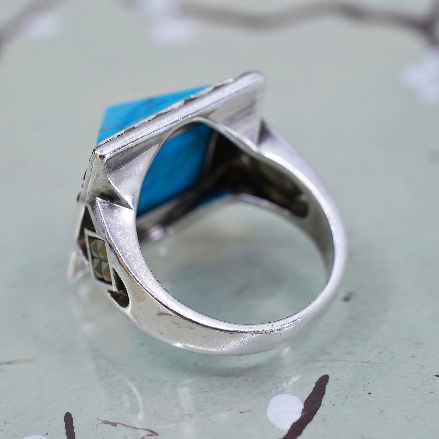 Size 7, sterling silver Native American 925 ring w/ pyramid turquoise marcasite