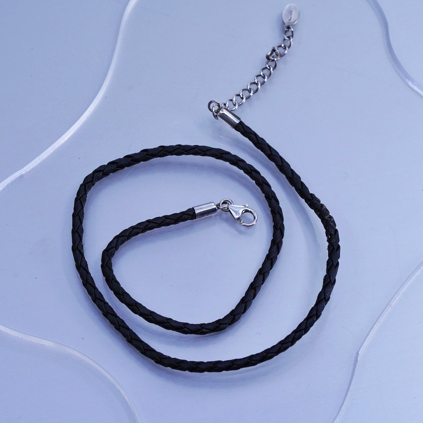 16+2”, vintage 925 Sterling Silver Handmade woven black leather Necklace