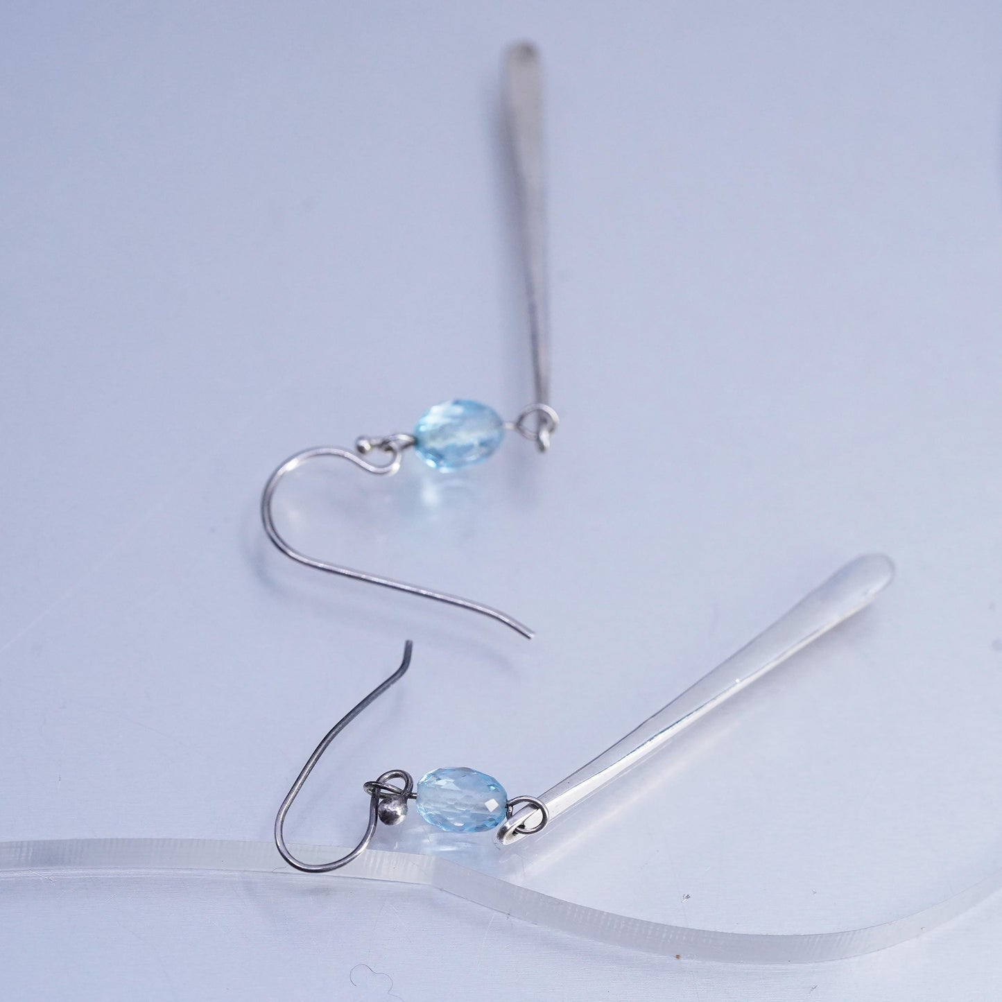 Vintage Sterling 925 silver handmade long dangle earrings with blue crystal