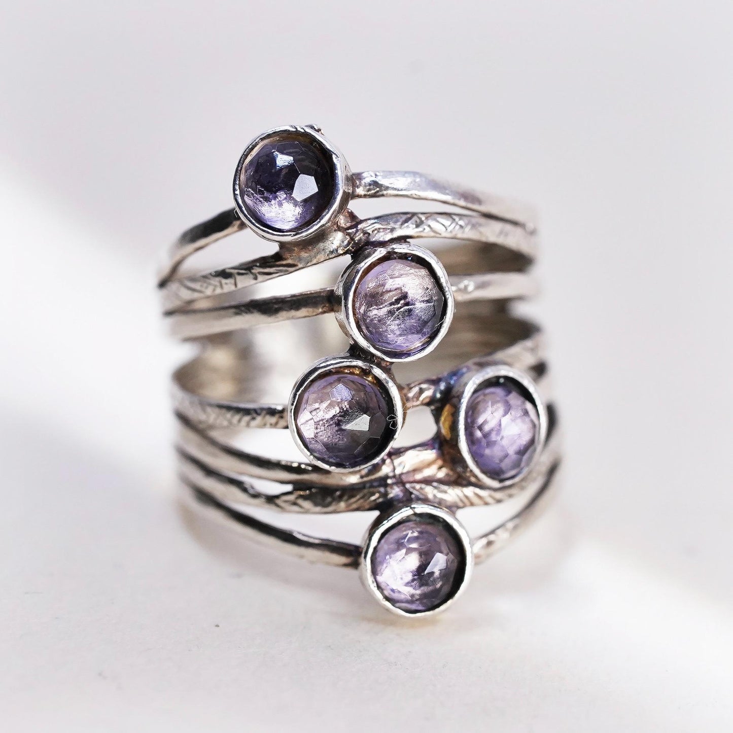 Size 6, VTG Signed Sterling 925 silver cocktail ring amethyst, wide multi band