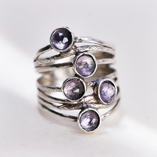 Size 6, VTG Signed Sterling 925 silver cocktail ring amethyst, wide multi band