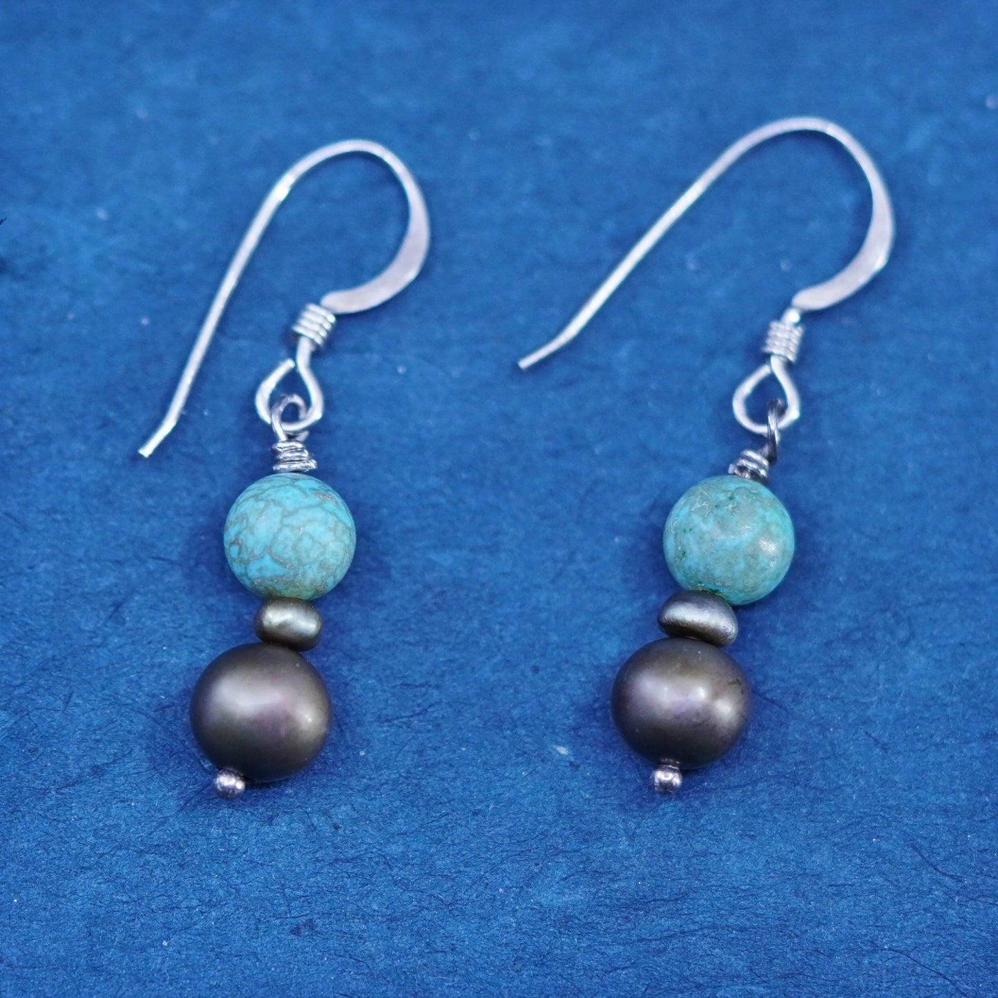 Vintage sterling 925 silver handmade earrings with pearl turquoise beads