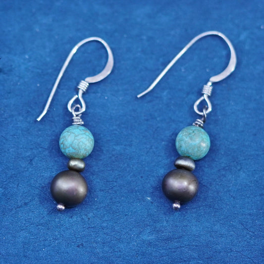 Vintage sterling 925 silver handmade earrings with pearl turquoise beads