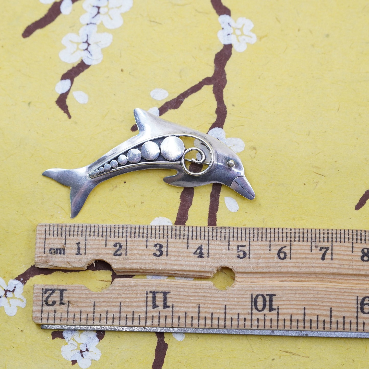 Vintage handmade two tone sterling 925 silver dolphin brooch with brass trim