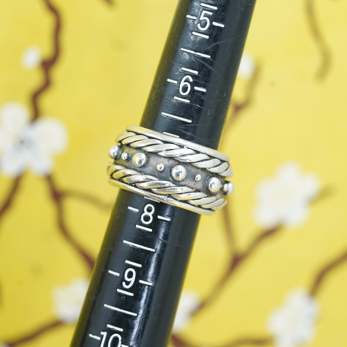 size 6.75, vintage Sterling silver handmade ring, 925 wide band with beads