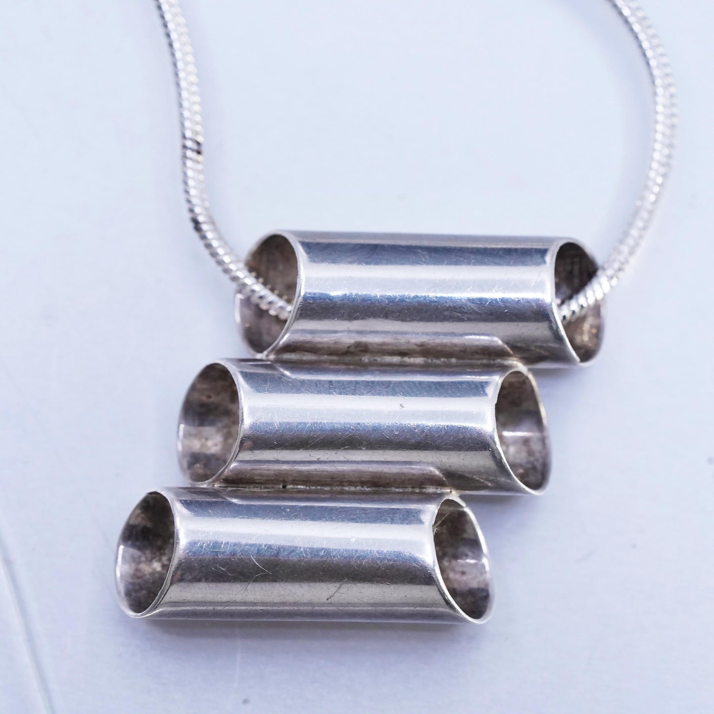 22" 1.6mm, vintage Sterling 925 silver snake chain necklace triple tube pendant