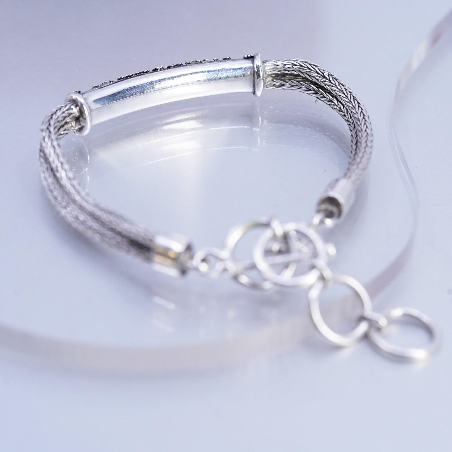 7+1.5", Sterling Silver Bracelet, 925 Double Wheat Chain bar, 12M rose gold