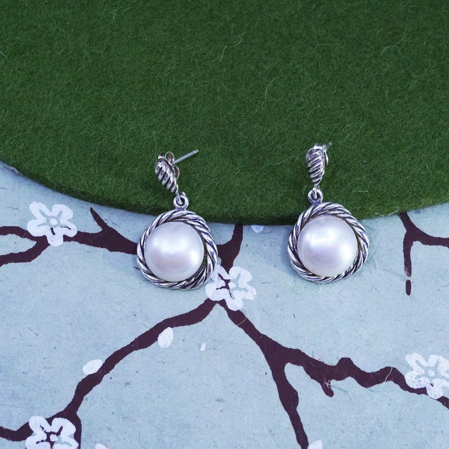 Vintage CFJ sterling 925 silver handmade earrings with pearl dangles