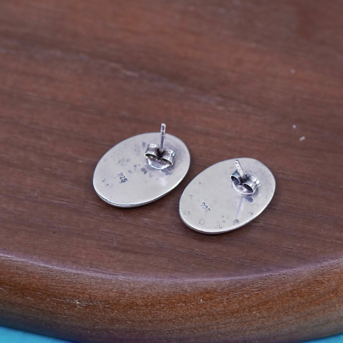 Vintage Sterling silver handmade earrings, oval studs with sodalite inlay