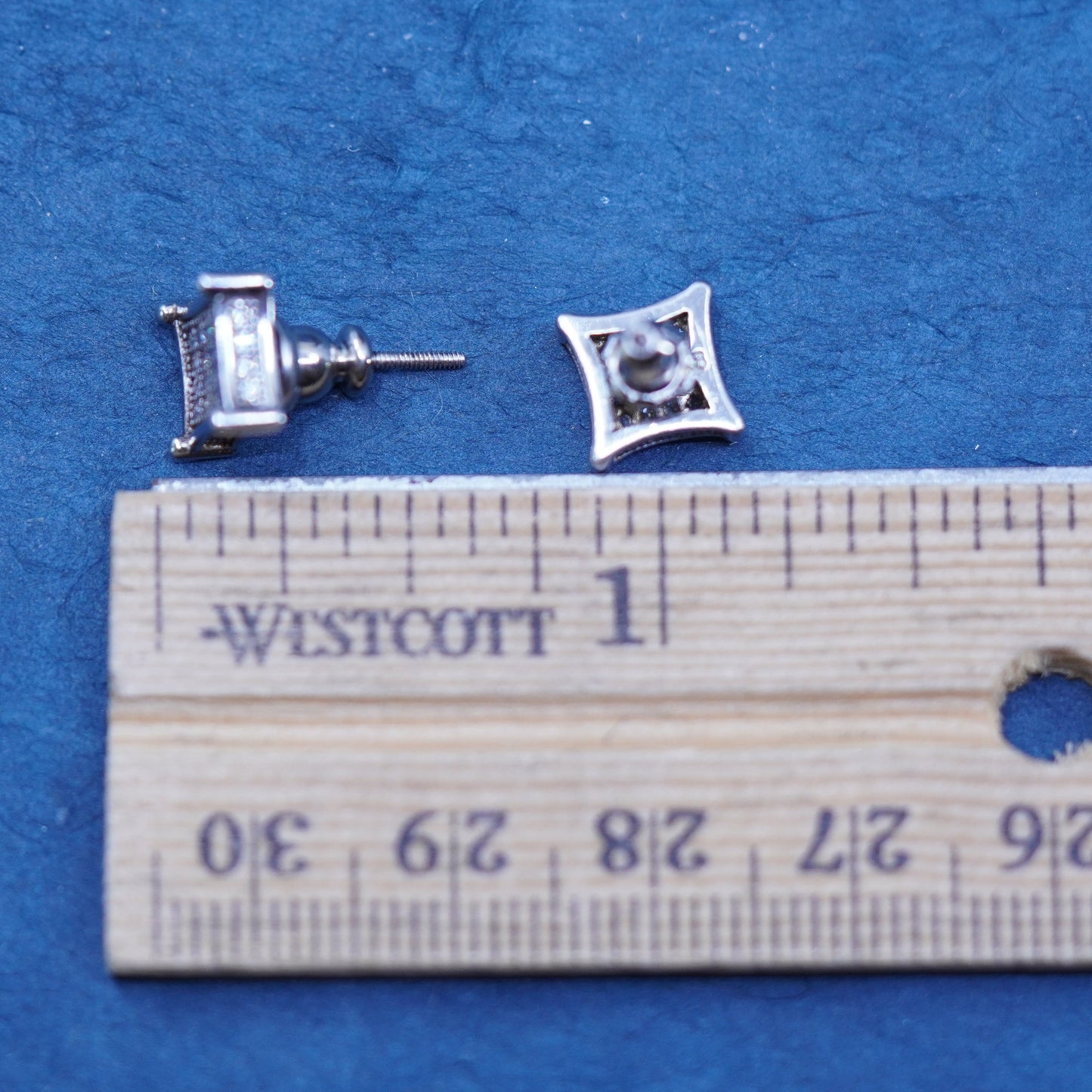 Vintage sterling silver handmade earrings, 925 square studs with cluster CZ