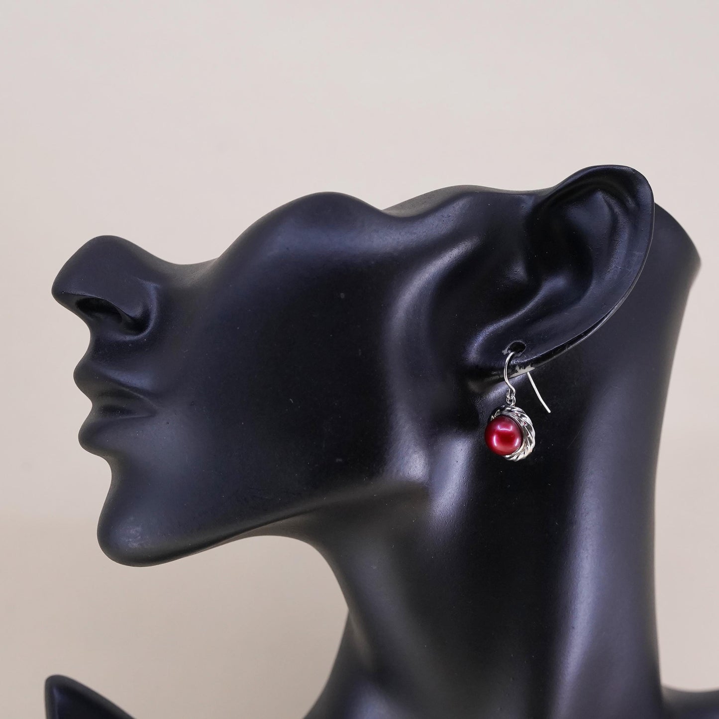 Vintage Sterling silver handmade earrings, 925 hooks with red pearl drops