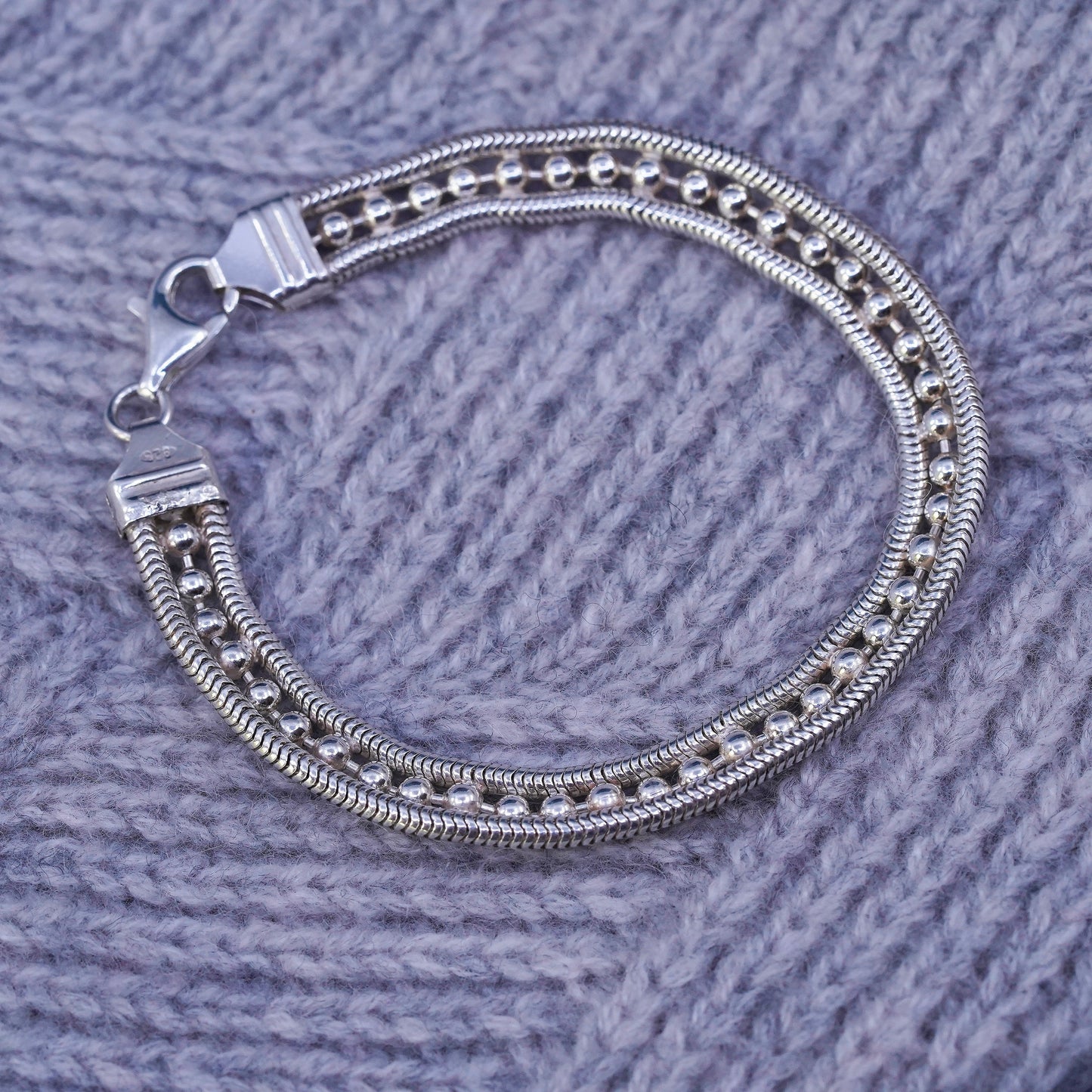 7.25", Sterling silver handmade bracelet, 925 silver snake chain with beads