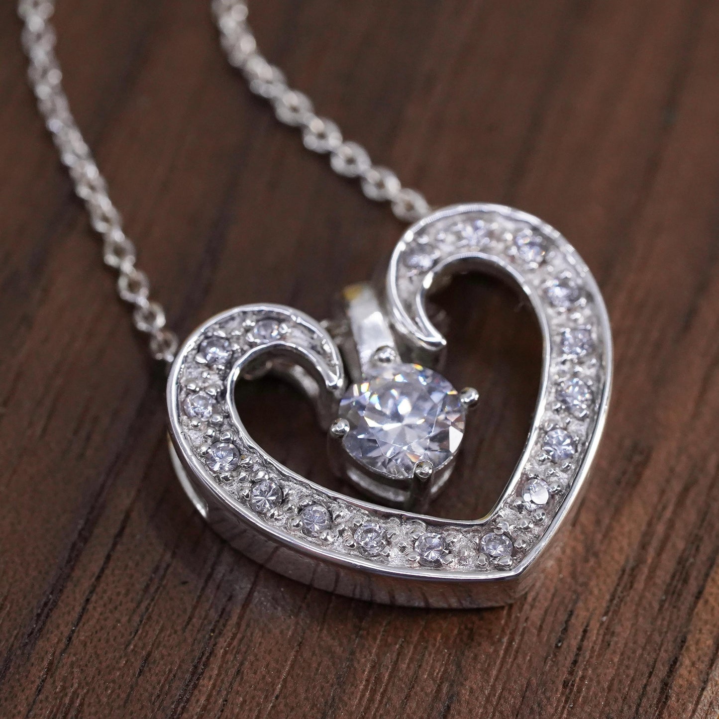 16+2", vintage Sterling silver necklace, 925 circle chain cluster heart pendant
