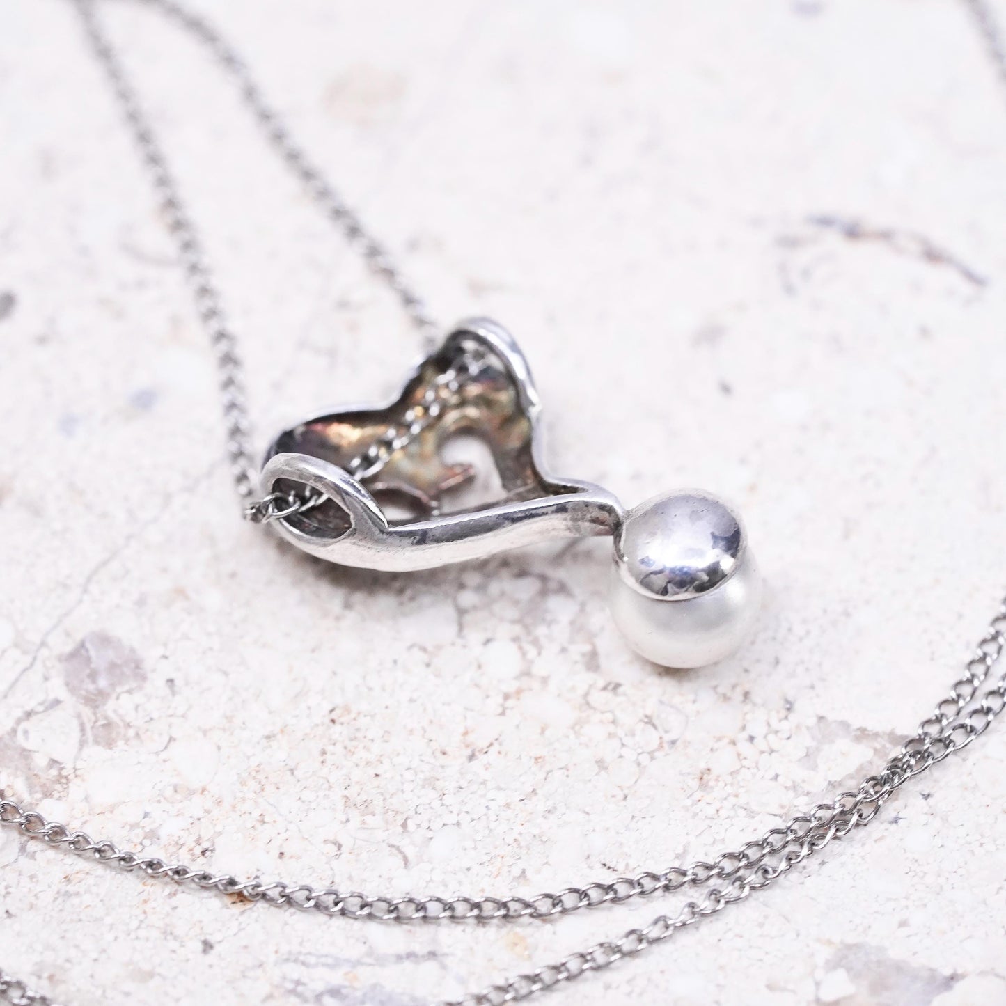 18", vintage Sterling silver necklace, 925 curb chain heart pearl cz pendant