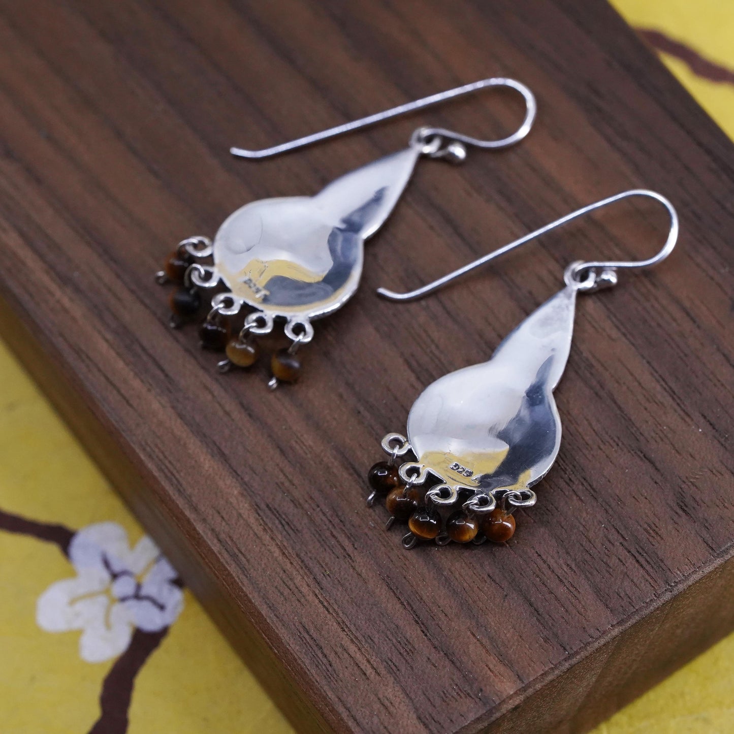 Sterling silver earrings, 925 filigree teardrop cluster golden tiger eye beads