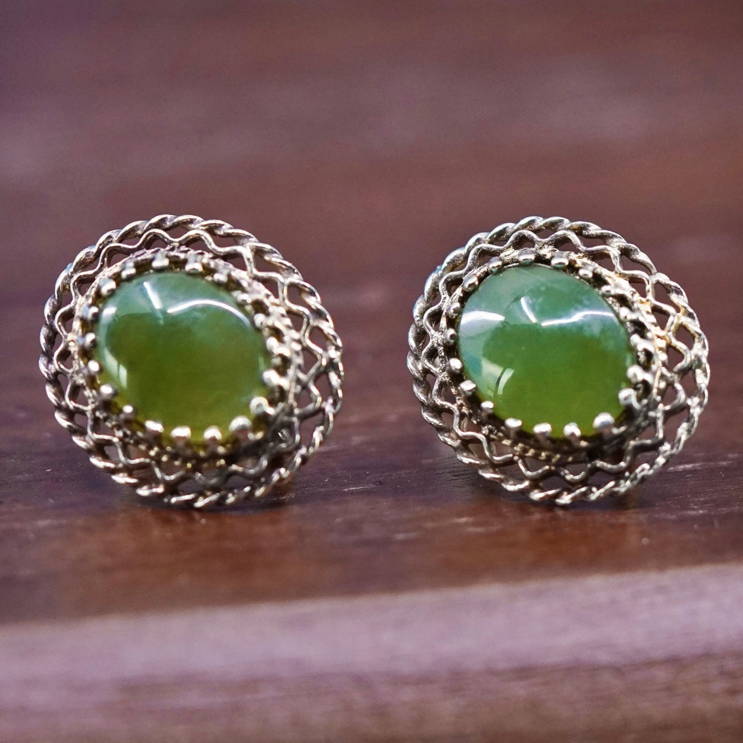 vermeil Sterling silver handmade earrings, gold 925 filigree screw back jade