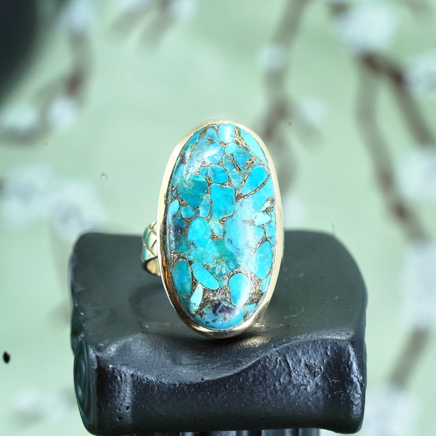 Size 8.25, Vintage sterling 925 silver handmade ring with oval shaped turquoise
