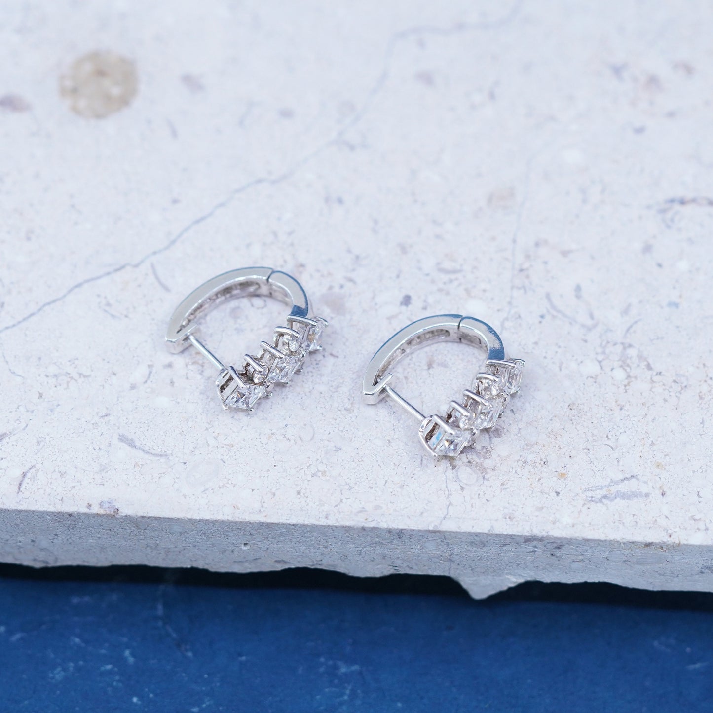 0.5”, vintage Sterling silver handmade hoop earrings, 925 huggie with cz