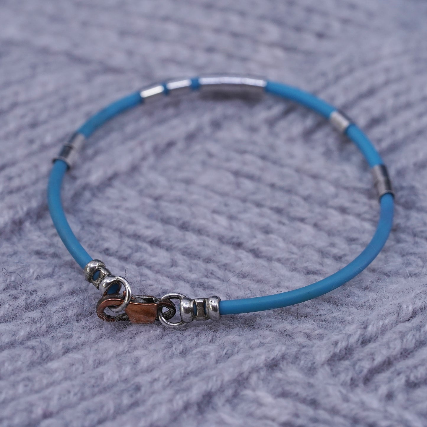 6.25”, Vintage Sterling silver handmade bracelet, 925 tube blue rubber band