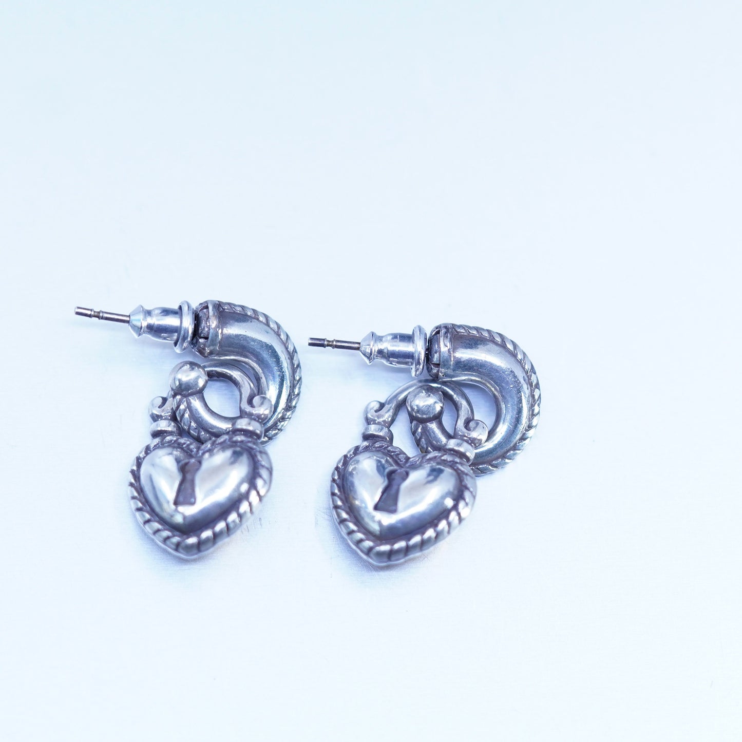 Vintage two tone hoops earrings with heart lock dangle
