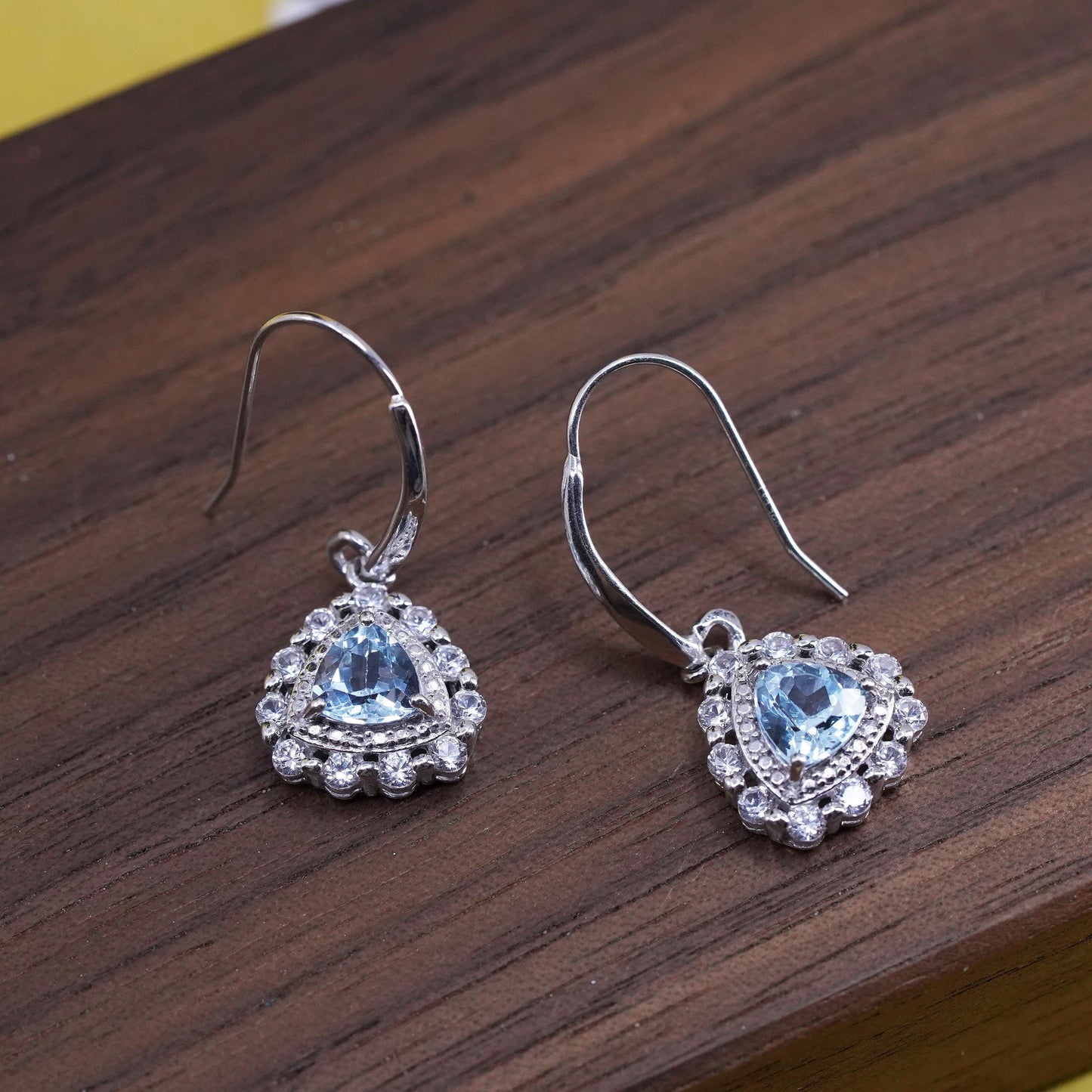 Vintage sterling 925 silver handmade earrings with blue topaz and cz around
