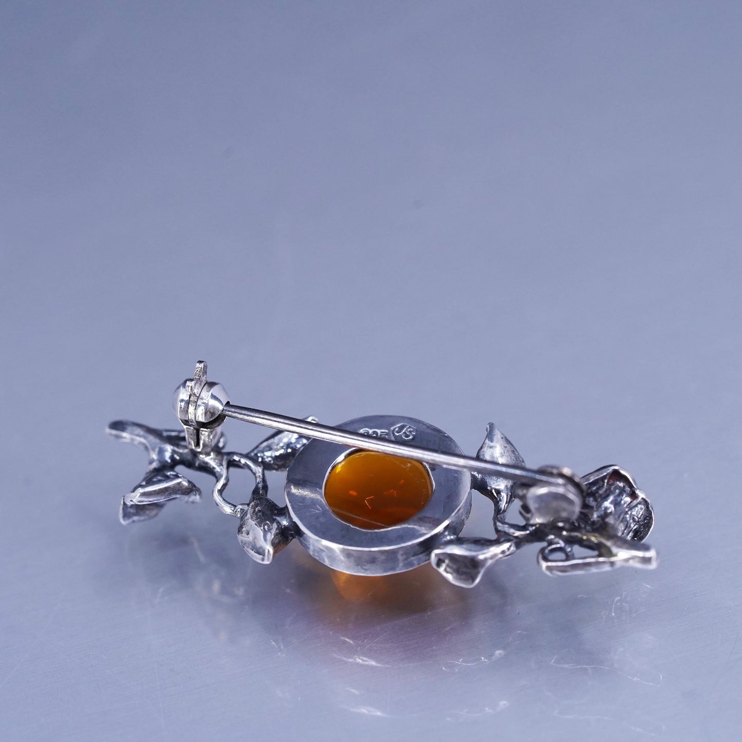Vintage Sterling 925 silver handmade brooch, leaves vine pin with amber