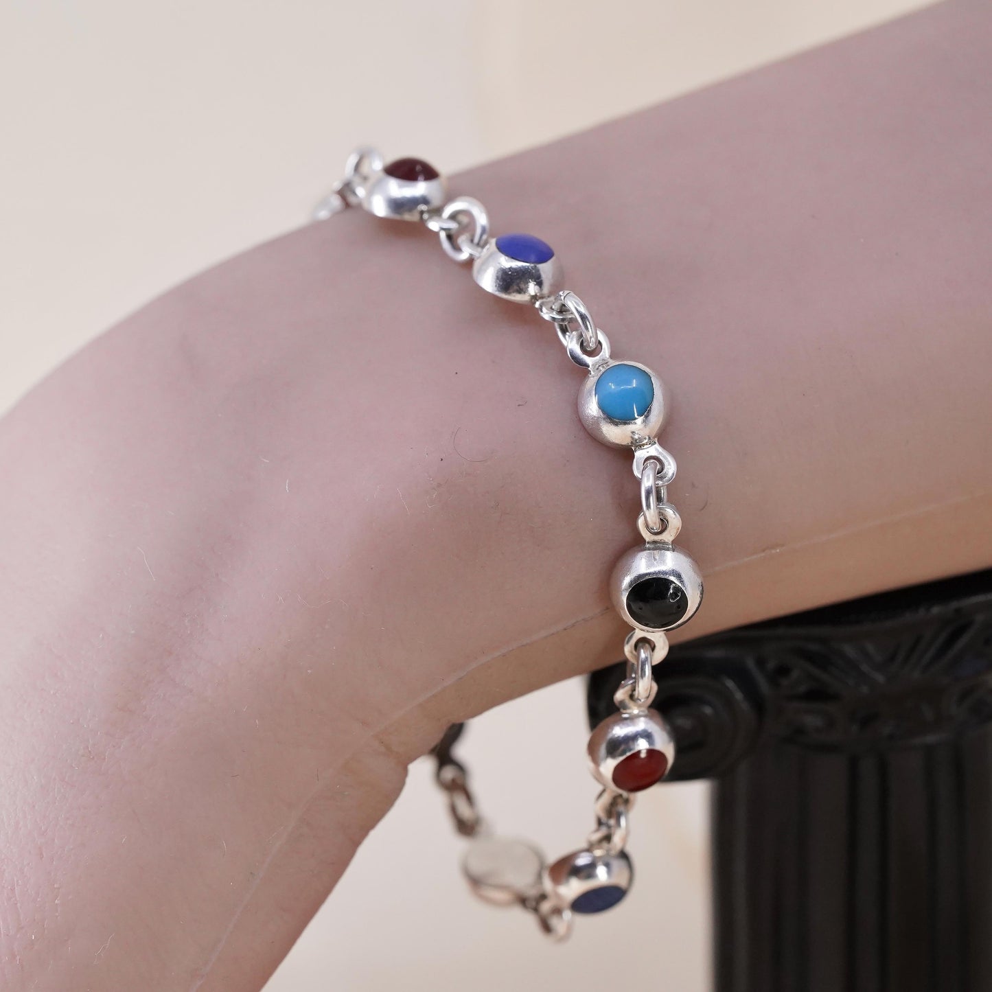 6.25” VTG Sterling 925 Silver Multi Gemstone Bracelet, Turquoise carnelian Onyx