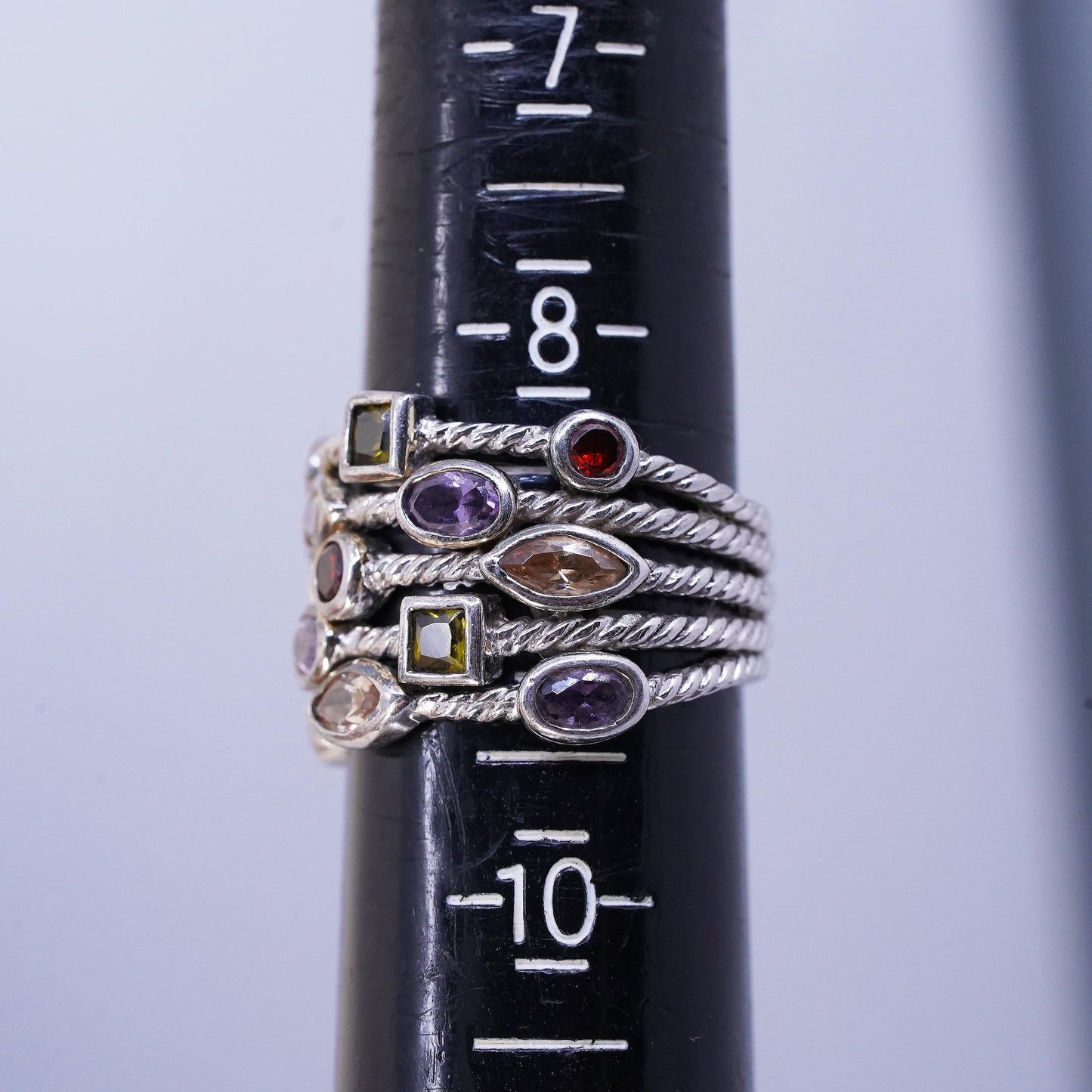 Size 9, 925 Sterling Silver Multi Gemstone Wide Cable Band Ring, Peridot Topaz