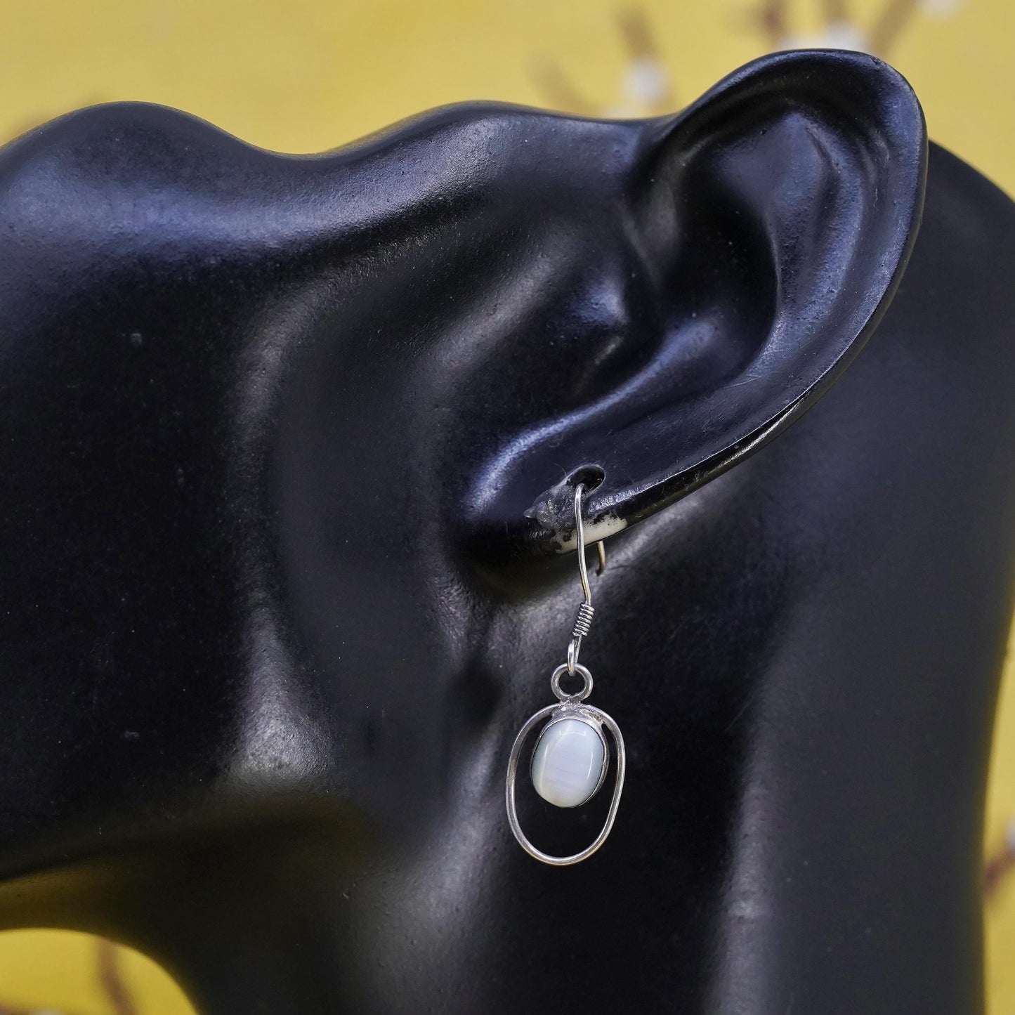 Vintage Sterling 925 silver handmade earrings with white cat's eye drops
