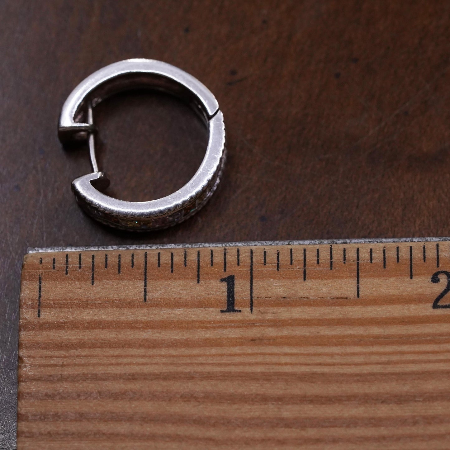 0.75”, Vintage sterling silver single earring, 925 huggie hoop with pinkish Cz